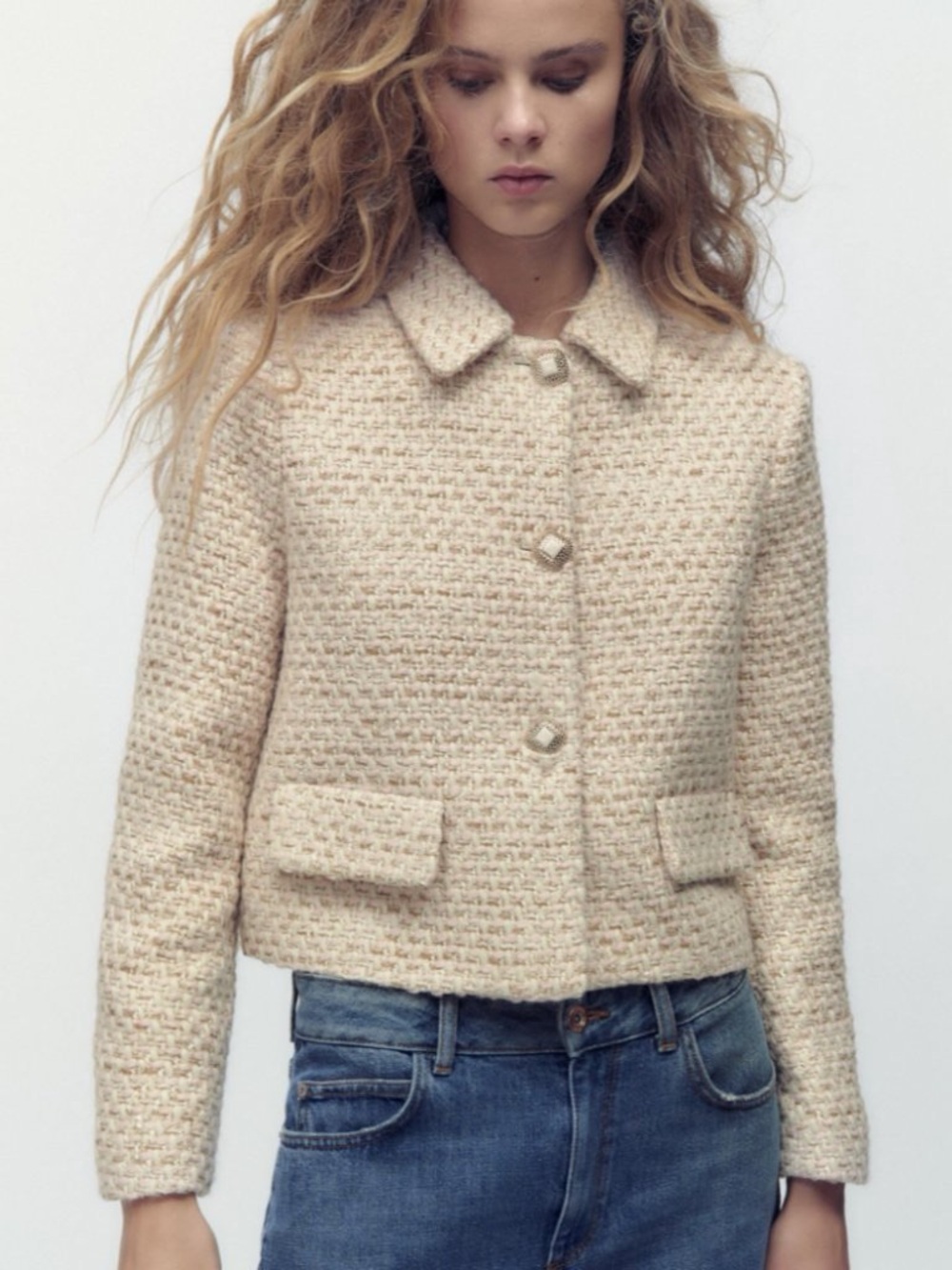 Zara Light Pink Tweed Cropped Jacket